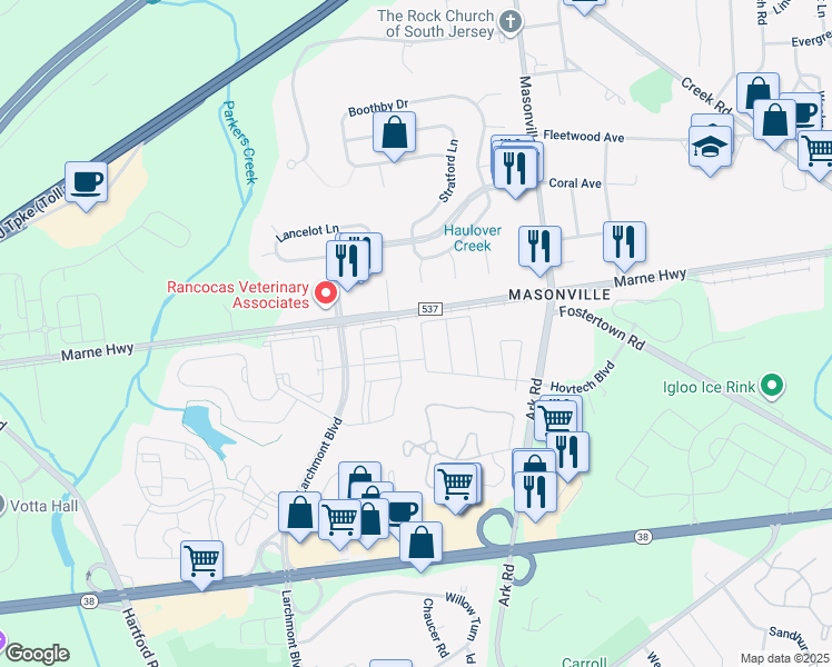 map of restaurants, bars, coffee shops, grocery stores, and more near 3164 Marne Highway in Mount Laurel Township