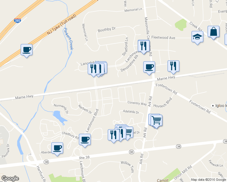 map of restaurants, bars, coffee shops, grocery stores, and more near 2605 Saxony Drive in Mount Laurel