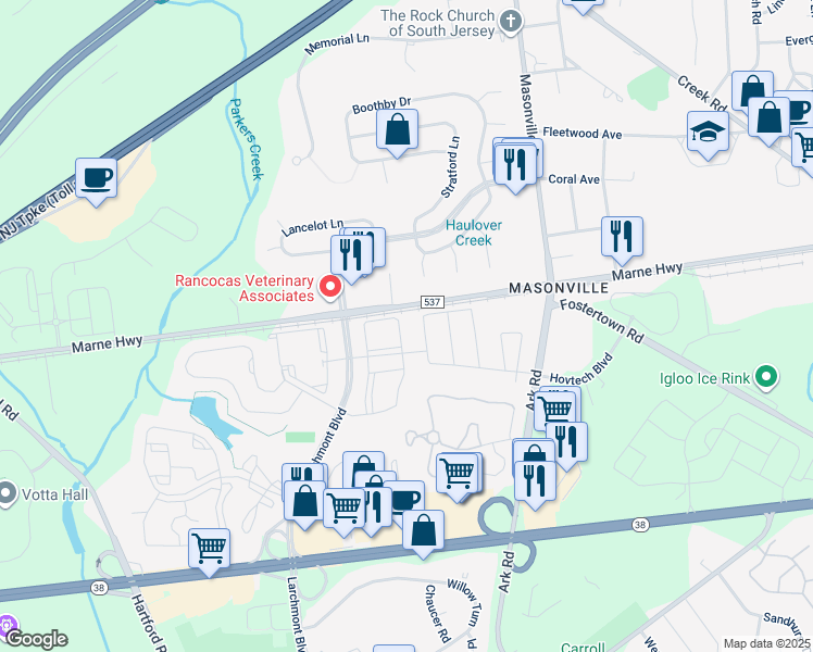 map of restaurants, bars, coffee shops, grocery stores, and more near 2605 Saxony Drive in Mount Laurel