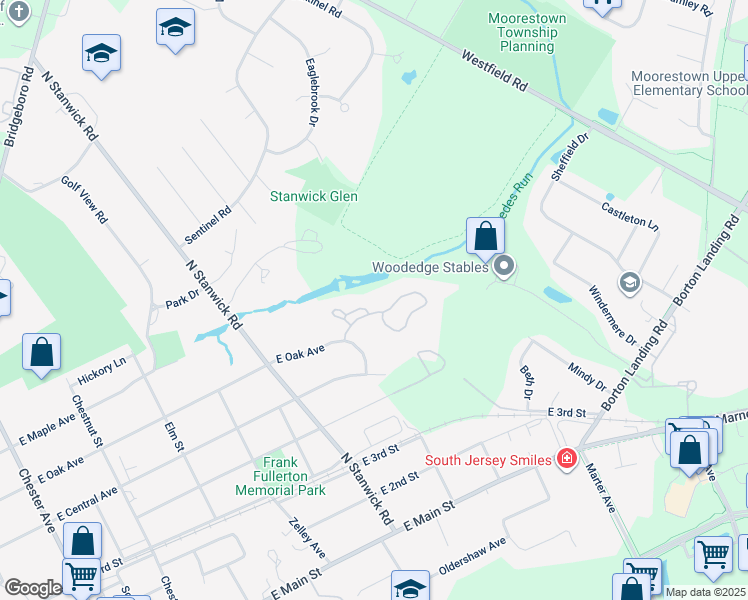 map of restaurants, bars, coffee shops, grocery stores, and more near 443 Windrow Clusters Drive in Moorestown