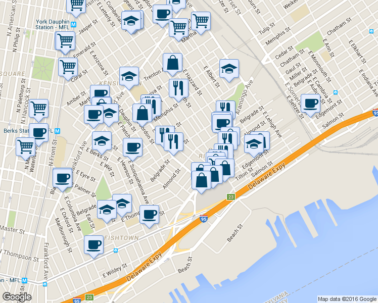 map of restaurants, bars, coffee shops, grocery stores, and more near 2438 East Hagert Street in Philadelphia