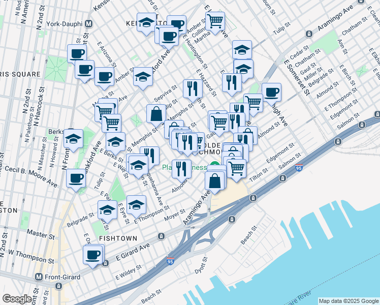 map of restaurants, bars, coffee shops, grocery stores, and more near 2438 East Hagert Street in Philadelphia