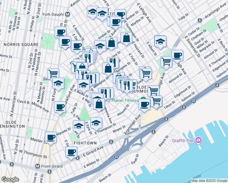 map of restaurants, bars, coffee shops, grocery stores, and more near 2423 East Dauphin Street in Philadelphia