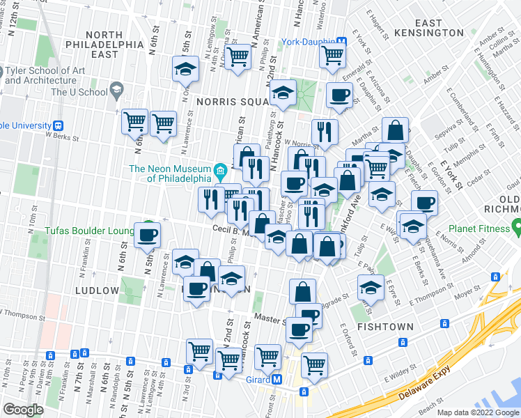 map of restaurants, bars, coffee shops, grocery stores, and more near 1747 Tilghman Street in Philadelphia