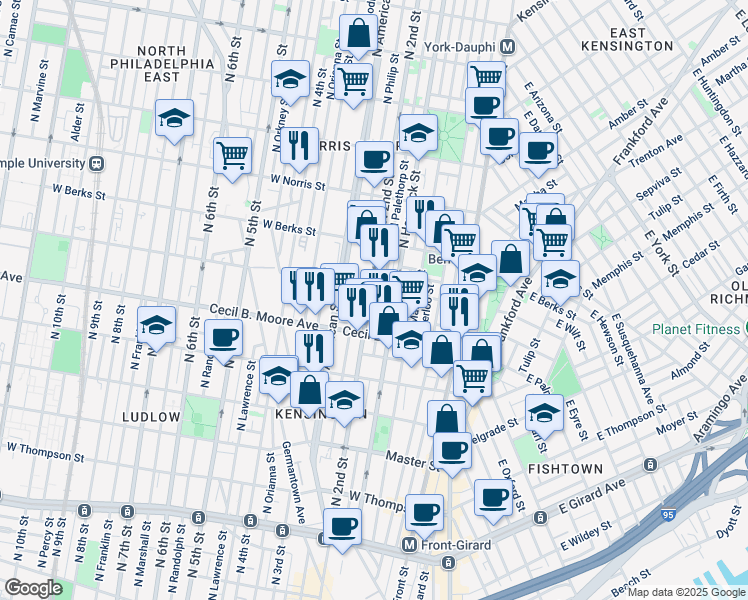 map of restaurants, bars, coffee shops, grocery stores, and more near 1801 North 2nd Street in Philadelphia