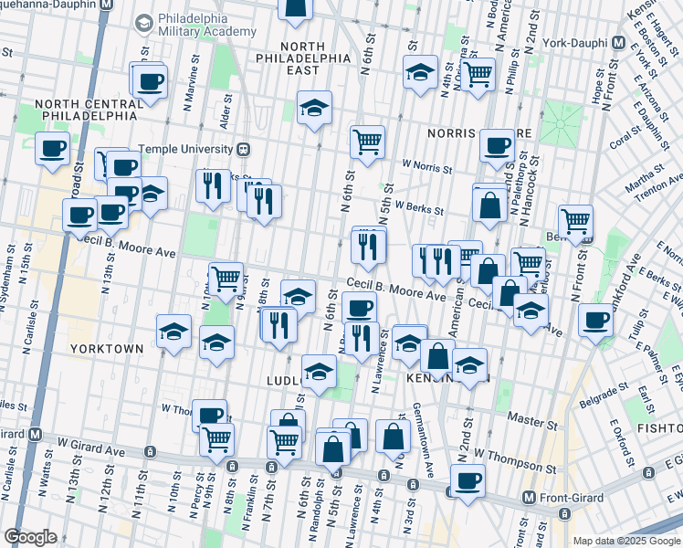 map of restaurants, bars, coffee shops, grocery stores, and more near 1740 North 6th Street in Philadelphia