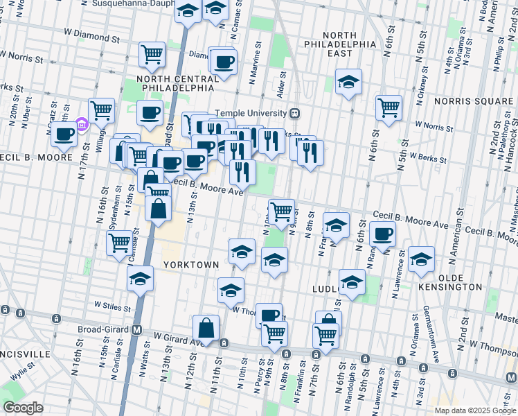 map of restaurants, bars, coffee shops, grocery stores, and more near 1625 Newport Place in Philadelphia