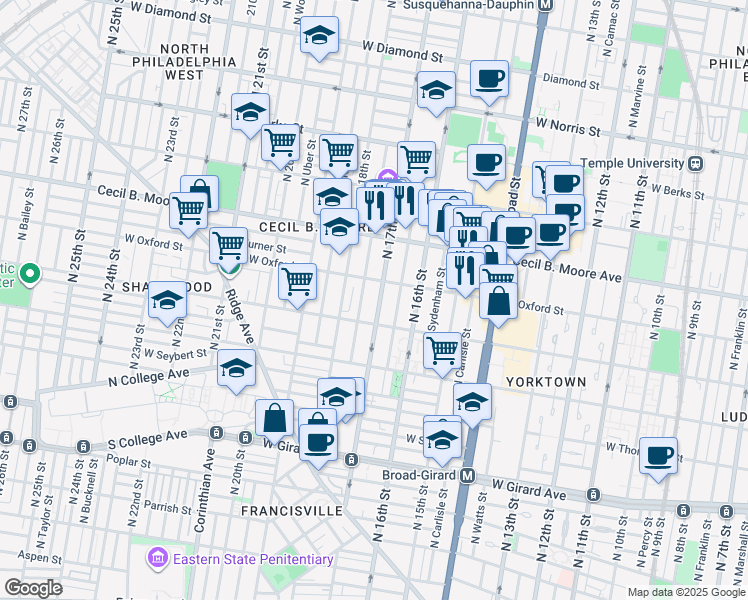 map of restaurants, bars, coffee shops, grocery stores, and more near 1715 West Oxford Street in Philadelphia