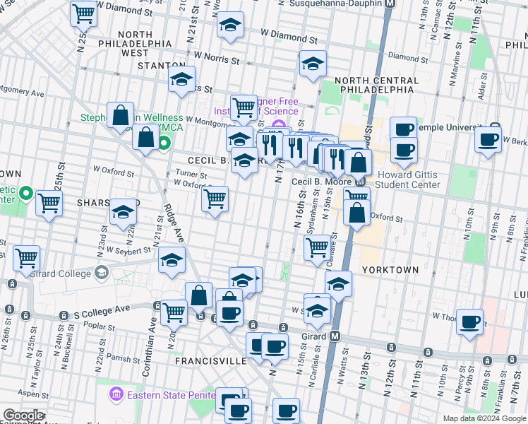 map of restaurants, bars, coffee shops, grocery stores, and more near 1715 West Oxford Street in Philadelphia