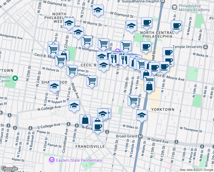map of restaurants, bars, coffee shops, grocery stores, and more near 1540 North 18th Street in Philadelphia