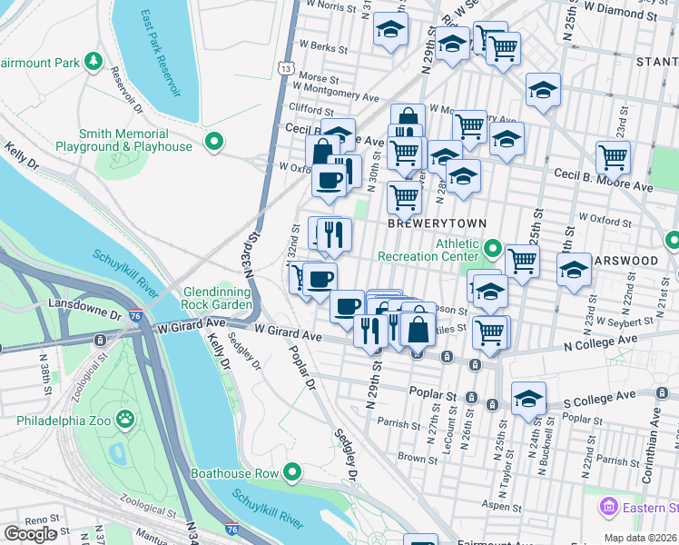 map of restaurants, bars, coffee shops, grocery stores, and more near 3041 Master Street in Philadelphia