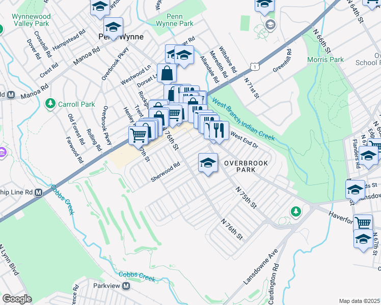 map of restaurants, bars, coffee shops, grocery stores, and more near 7524 Greenhill Road in Philadelphia