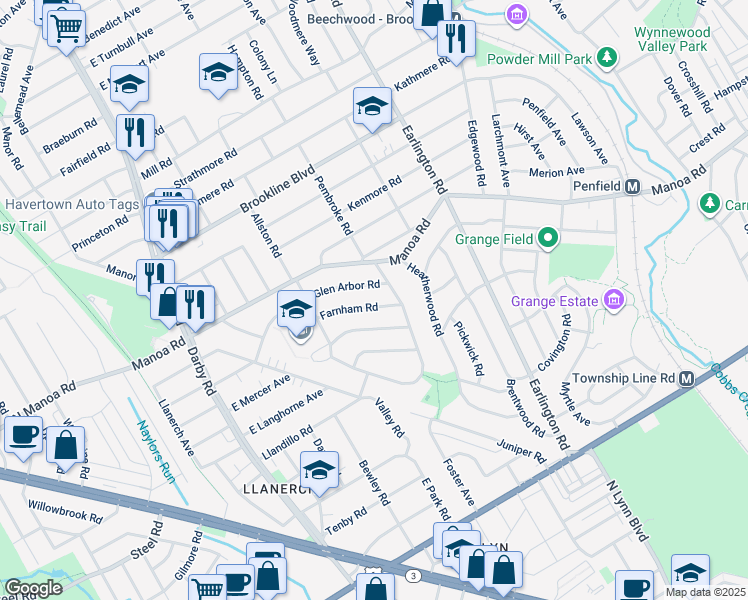 map of restaurants, bars, coffee shops, grocery stores, and more near 224 Farnham Road in Havertown