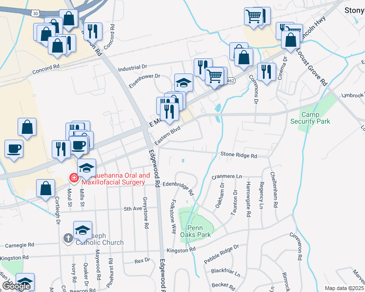 map of restaurants, bars, coffee shops, grocery stores, and more near 3400 Eastern Boulevard in York