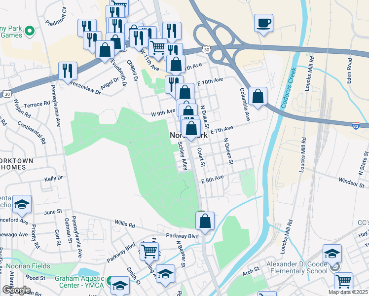map of restaurants, bars, coffee shops, grocery stores, and more near 1116 Schley Alley in York