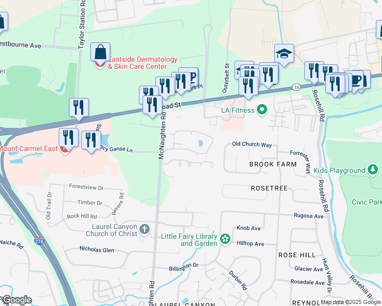 map of restaurants, bars, coffee shops, grocery stores, and more near 6174 Stornoway Drive West in Columbus