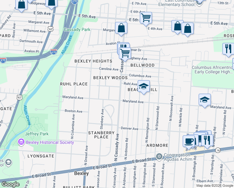 map of restaurants, bars, coffee shops, grocery stores, and more near 374 Stanbery Avenue in Columbus