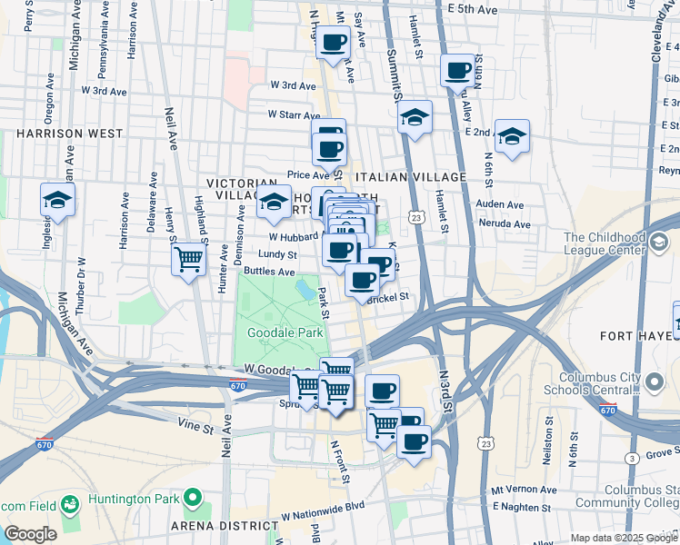 map of restaurants, bars, coffee shops, grocery stores, and more near 765 North High Street in Columbus