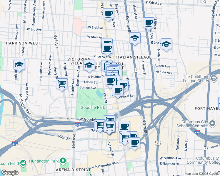 map of restaurants, bars, coffee shops, grocery stores, and more near 765 North High Street in Columbus