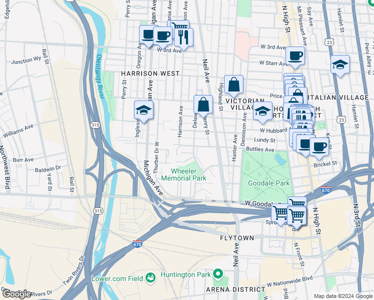 map of restaurants, bars, coffee shops, grocery stores, and more near 836 Harrison Avenue in Columbus
