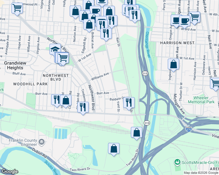 map of restaurants, bars, coffee shops, grocery stores, and more near 895 Yard Street in Grandview Heights