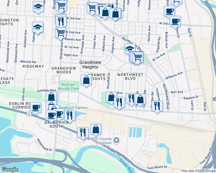 map of restaurants, bars, coffee shops, grocery stores, and more near 947 Woodhill Drive in Grandview Heights