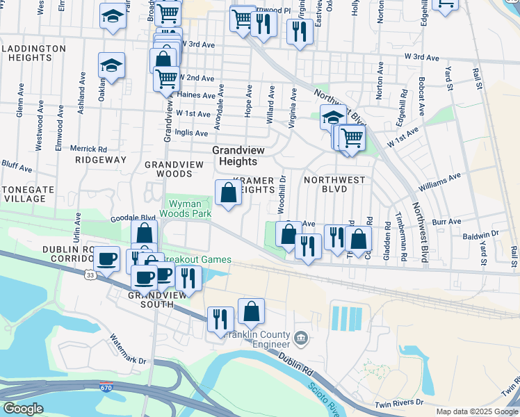 map of restaurants, bars, coffee shops, grocery stores, and more near 967 Kramer Avenue in Columbus