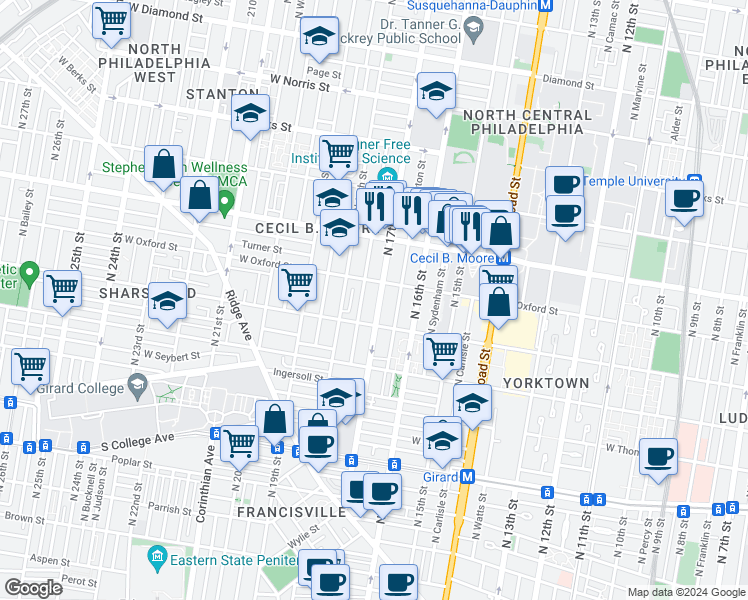 map of restaurants, bars, coffee shops, grocery stores, and more near 1524 North 17th Street in Philadelphia