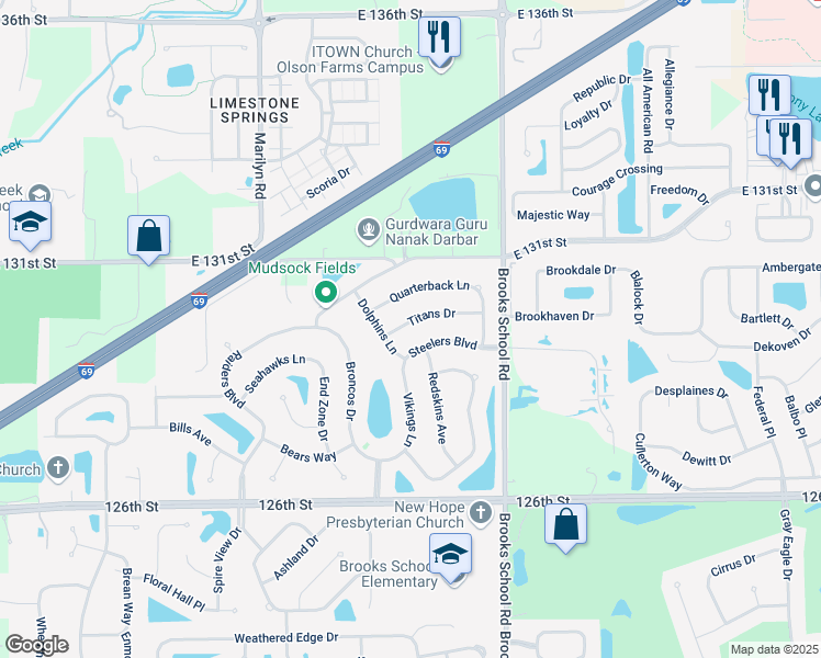 map of restaurants, bars, coffee shops, grocery stores, and more near 12317 Titans Drive in Fishers