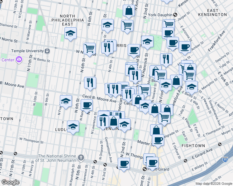 map of restaurants, bars, coffee shops, grocery stores, and more near 1755 North Bodine Street in Philadelphia
