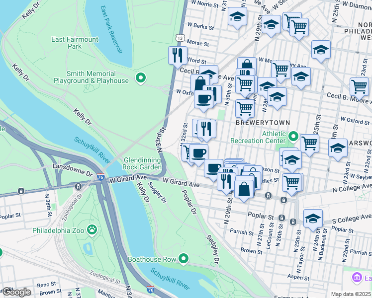 map of restaurants, bars, coffee shops, grocery stores, and more near 6 Brewerytown Court in Philadelphia