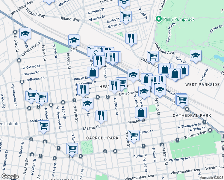 map of restaurants, bars, coffee shops, grocery stores, and more near 5534 Hunter Street in Philadelphia