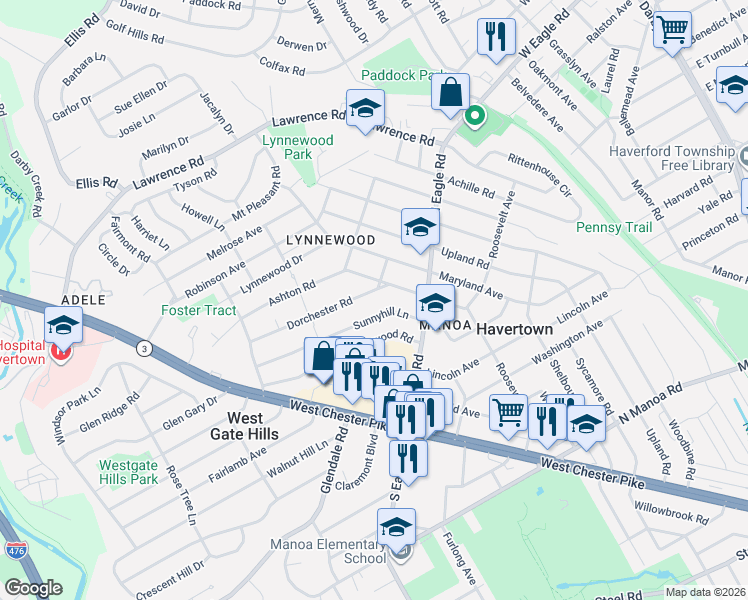 map of restaurants, bars, coffee shops, grocery stores, and more near 1400 Dorchester Road in Havertown