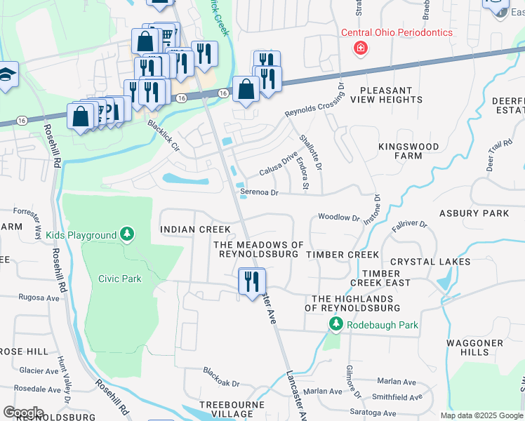 map of restaurants, bars, coffee shops, grocery stores, and more near 7184 Tomahawk Trail in Reynoldsburg