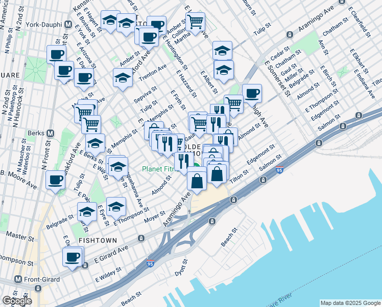 map of restaurants, bars, coffee shops, grocery stores, and more near 2603 East Hagert Street in Philadelphia