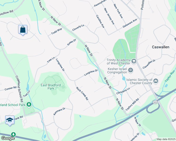 map of restaurants, bars, coffee shops, grocery stores, and more near 407 Longview Drive in West Chester