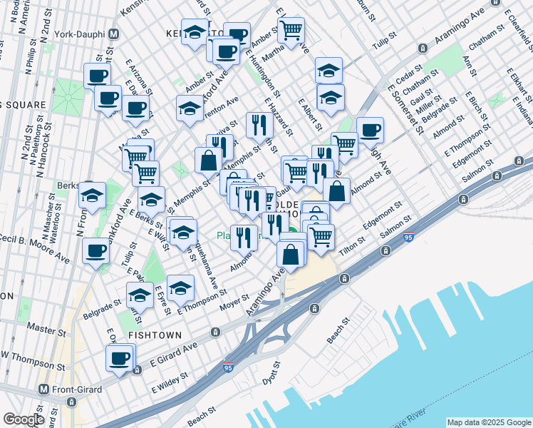 map of restaurants, bars, coffee shops, grocery stores, and more near 2517 East Boston Street in Philadelphia