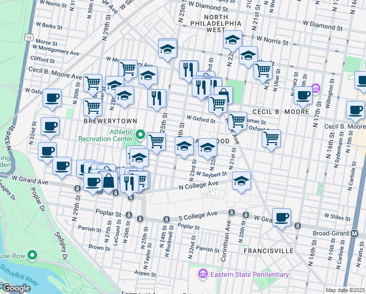 map of restaurants, bars, coffee shops, grocery stores, and more near 2337 Sharswood Street in Philadelphia