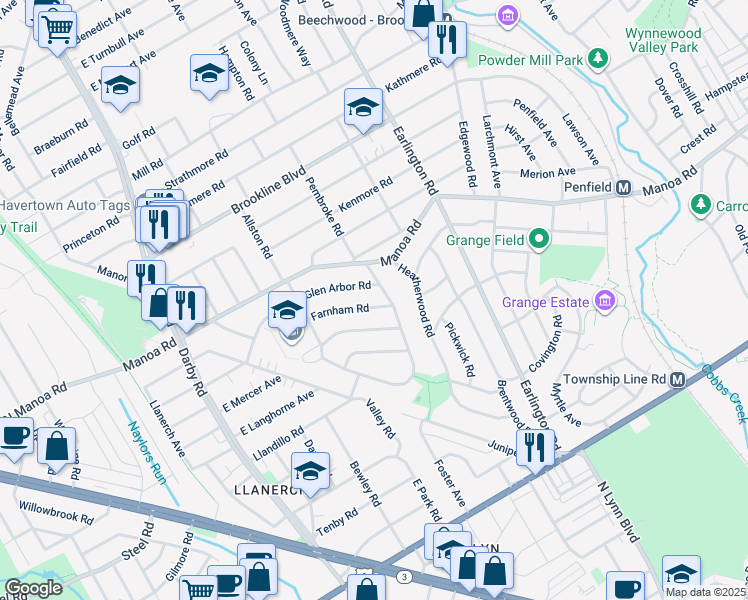 map of restaurants, bars, coffee shops, grocery stores, and more near 228 Farnham Road in Havertown