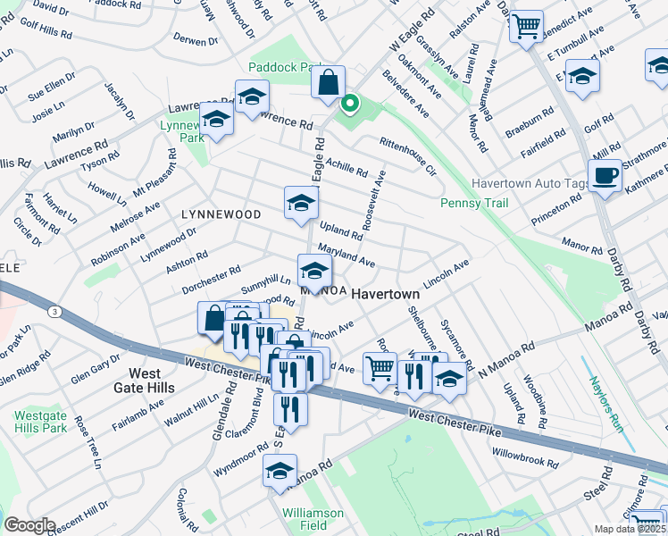 map of restaurants, bars, coffee shops, grocery stores, and more near 14 Annabella Avenue in Havertown
