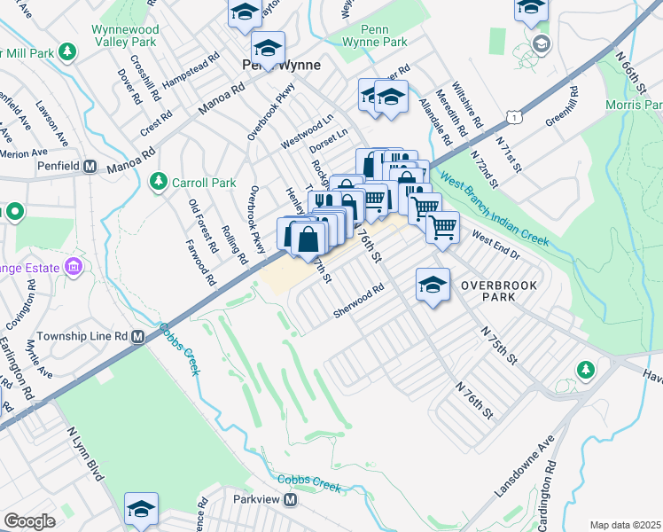map of restaurants, bars, coffee shops, grocery stores, and more near 7665 Overbrook Avenue in Philadelphia