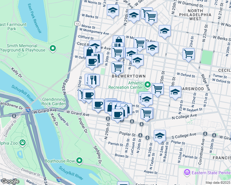 map of restaurants, bars, coffee shops, grocery stores, and more near 1345 North 29th Street in Philadelphia