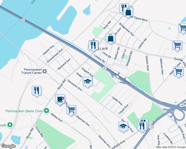 map of restaurants, bars, coffee shops, grocery stores, and more near 834 Engard Avenue in Pennsauken Township