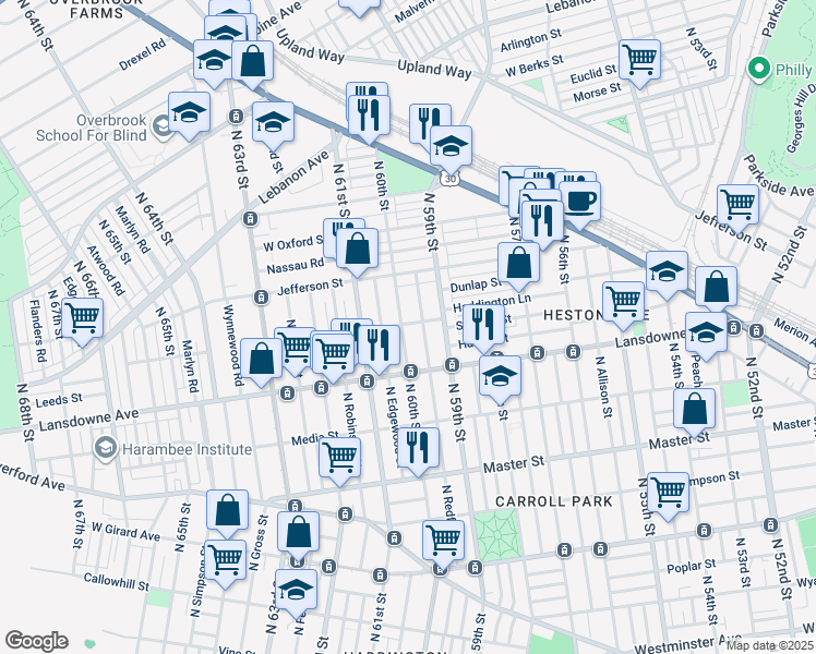 map of restaurants, bars, coffee shops, grocery stores, and more near 1663 North 60th Street in Philadelphia