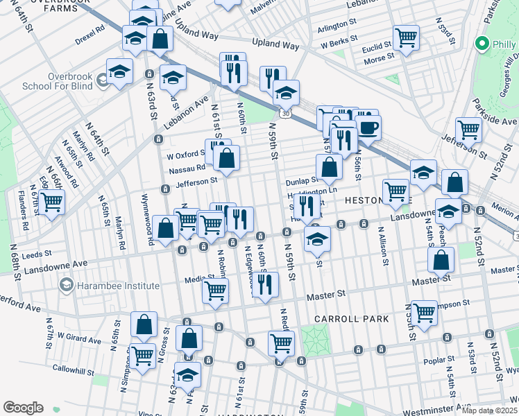 map of restaurants, bars, coffee shops, grocery stores, and more near 1663 North 60th Street in Philadelphia