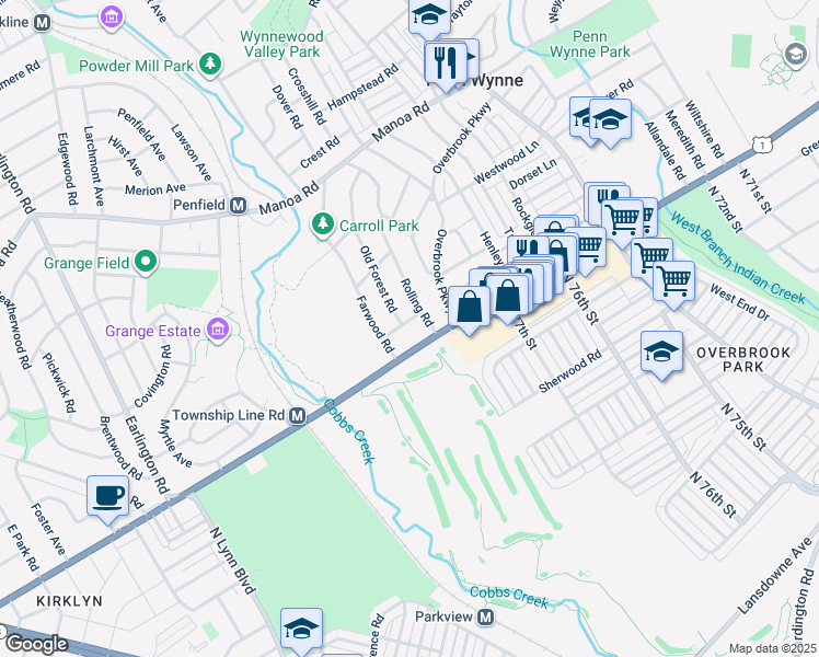 map of restaurants, bars, coffee shops, grocery stores, and more near 1013 Severn Lane in Wynnewood