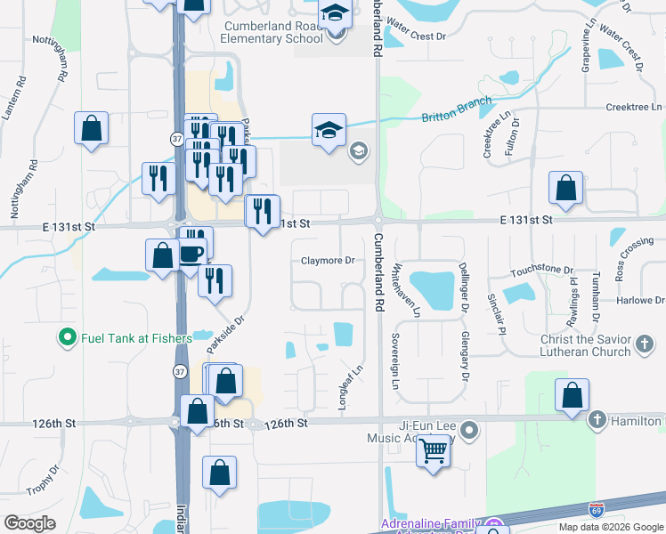 map of restaurants, bars, coffee shops, grocery stores, and more near 13082 Sterling Commons in Fishers