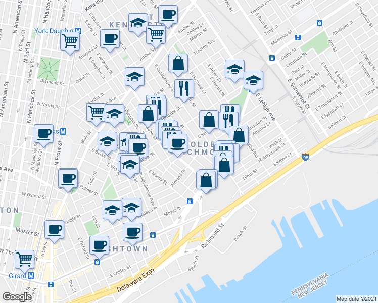 map of restaurants, bars, coffee shops, grocery stores, and more near 2517 East Boston Street in Philadelphia
