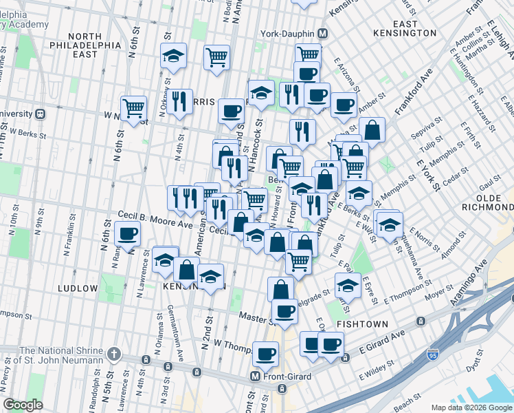 map of restaurants, bars, coffee shops, grocery stores, and more near 1821 North Hancock Street in Philadelphia