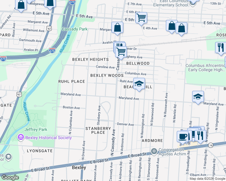 map of restaurants, bars, coffee shops, grocery stores, and more near 374 Stanbery Avenue in Columbus